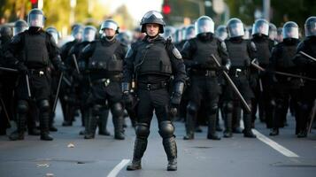 policía en lleno engranaje en el calle. policía en cascos, cascos y a prueba de balas chalecos lucha protestas y disturbios foto