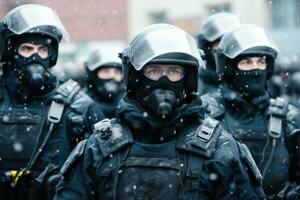 police in full gear on the street. police in helmets, helmets and bulletproof vests fight protests and riots photo