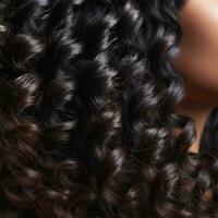 close up portrait element with dark color curly hair. Content for beauty salons in social networks photo