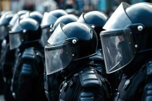 police in full gear on the street. police in helmets, helmets and bulletproof vests fight protests and riots photo