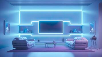 Empty Wall in a Futuristic Sci Fi Living Room with Light Yellow, Light Cyan, and Light Blue Neon. AI Generative photo