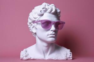 The head of a white mythological statue with fashionable pink glasses on his eyes, frame in profile. AI Generative photo