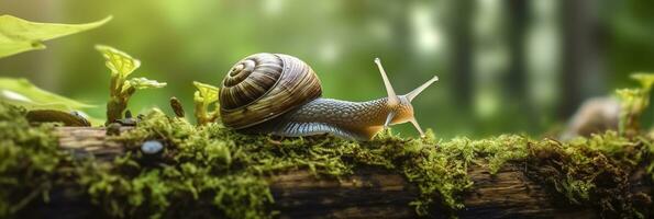 un viaje mediante el bosque. de cerca de un caracol en el bosque con natural antecedentes. ai generativo foto