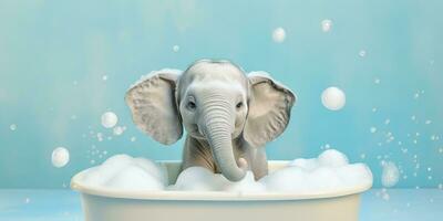 Minimalist Albino Elephant in a Bathtub of Soap Bubbles Against a Cyan Background. AI Generative photo