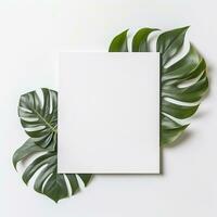 Frame with leaves.  Summer tropical leaves and blank frame with copy space on white background. Generative AI photo