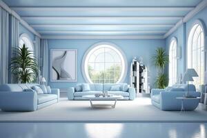 A professional and eye catching light blue with white living room in the metaverse.  AI Generative photo