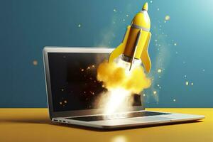 Launching a new product or service. Technology development process. Space rocket launch. 3d render. Yellow rocket lift up from the display laptop. AI Generative photo