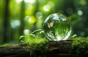 Butterfly and Crystal ball on a tree stump in the forest, natural green background. Generative AI photo