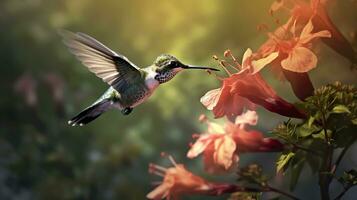 Hummingbird flying to pick up nectar from a beautiful flower. Digital artwork. AI Generative photo