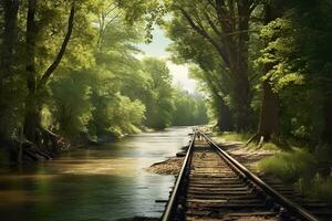 Forest trees and river railroad on spring afternoon. Train tracks travel concept. AI Generative photo