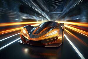 Fast Shutter Speed Creates Dynamic and Action Packed Image of Futuristic Car. AI Generative photo