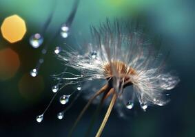 Beautiful dew drops on a dandelion seed macro. Beautiful blue background. Generative AI photo