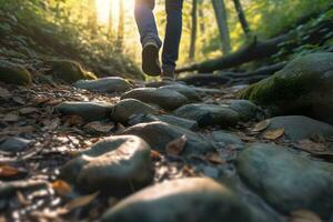 Close up a person's feet walking on rocks, Walking on a trail in the woods, Travel Concept. AI Generative photo