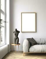 Mockup frame in contemporary Scandinavian living room interior, 3d render. AI Generative photo