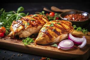 Closeup of tasty roast chicken breast served on wooden board. Grilled chicken. Generative AI photo