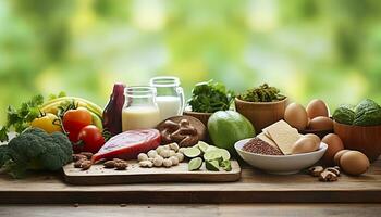 Closeup of vegetables, fruits, and meat on wooden table over green natural background. Generative AI photo