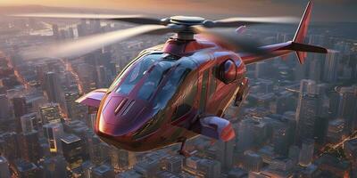 Helicopter in the Shape of Marvel Falcon Soars Against a Bright Background. AI Generative photo