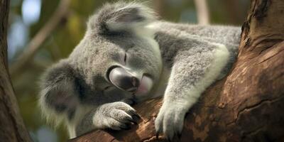 coala dormido en árbol. ai generado foto