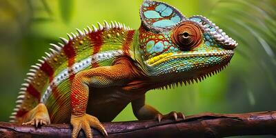 A colorful close up chameleon with a high crest on its head. Generative AI photo