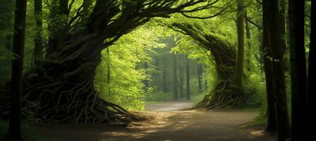 Natural archway shaped by branches in the forest. AI Generated photo