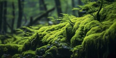 Green moss closeup, with a backdrop of woodland.  Forest in the national park. AI Generated photo