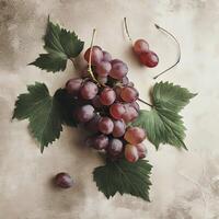 Grapes with leaves flat lay on a grungy plaster background. AI Generative photo