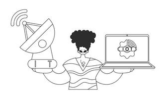 A woman holding a laptop and a satellite vector
