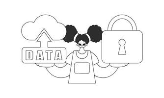 Girl holds a cloud storage logo fashioned in vector linear style, symbolizing the Internet of Things