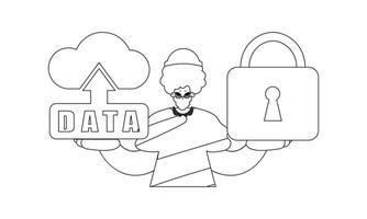 Guy, holding a cloud storage logo for Internet of Things in a vector linear style