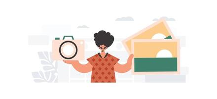 A woman holding a camera and a picture frame vector
