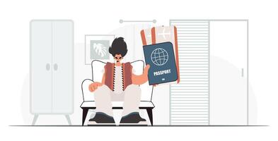 A man sitting in a chair holding a passport vector