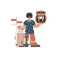 The individual is holding a travel rucksack and a pack. Isolated on white establishment. Trendy style, Vector Illustration