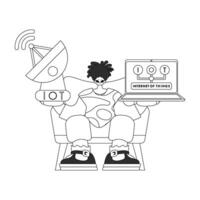 A man sitting on a chair with a laptop and a remote control vector