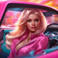 Color illustration of a Barbie girl itting in a car  Vector, high quality in pink dress photo