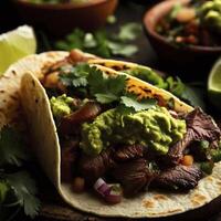 Grilled beef taco with guacamole and cilantro. AI Generative photo