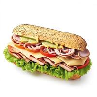 Submarine sandwich with ham, cheese, lettuce, tomatoes,onion, mortadella and sausage isolated on white background. AI Generative photo