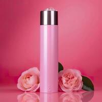 Amazon Product Picture Body Wash, Cylinder Bottle Solid Color pink background, with roses, AI Generative photo