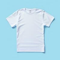 sencillo blanco camiseta en suave azul antecedentes. ai generativo foto