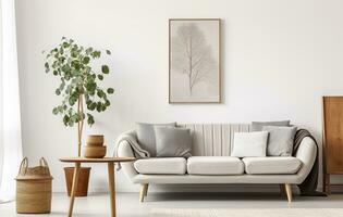 Boho open space interior in a cozy apartment with a design. Generative AI photo