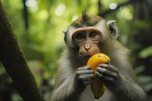 cerca arriba de mono comiendo Fruta en el selva. generativo ai foto