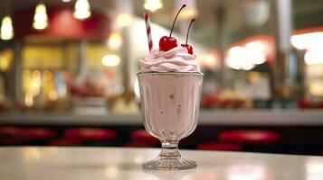 Cherry Milkshake in a Classic American Diner.  food photography concept. Generative AI photo