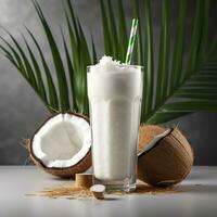 Coconut milk shake glass with fresh sliced coconut. Generative AI photo