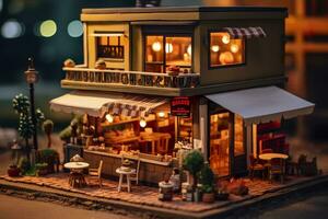 A charming and cozy coffee shop Set beside a busy highway with Warm and golden sunset light, and a Picturesque sunset view with vibrant colors. AI Generative photo