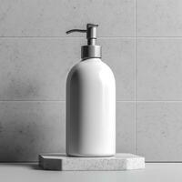 Cosmetic rounded all white soap bottle mockup on white table. AI Generative photo