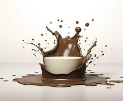 Chocolate splash with a podium, mockup background for milk product display, 3d. Generative AI photo