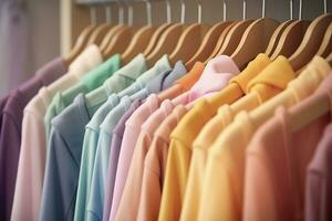 Colorful clothes on a clothing rack, pastel colorful closet in a shopping store or bedroom, rainbow color clothes choice on hangers, home wardrobe concept image. AI Generative photo