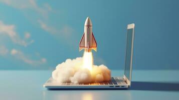 A small rocket takes off from a Laptop with vibrant color combinations in light sky blue and light gray colors for a website, business, and financial success concepts.  AI Generative photo