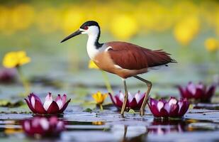 Colorful African wader with long toes next to violet water lily in water. Generative AI photo