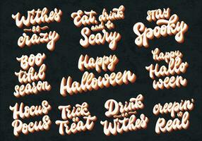 Set of 10 Halloween groovy quotes isolated on black textured background for stickers, prints, cards, sublimation, invitations, banners, etc. EPS 10 vector