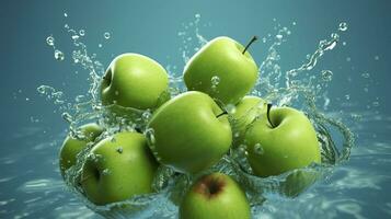 Fresh green apples fall into the water with a splash on blue background. Generative AI photo